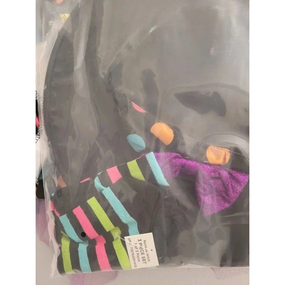 GIRLS 2T 3 PIECE -RAINBOW WITCH HALLOWEEN COSTUME- INCLUDES DRESS HAT TIGHTS NEW